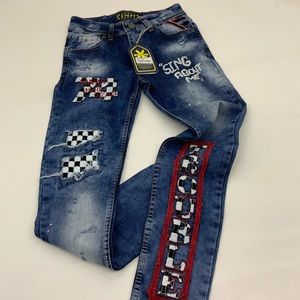 Men's Fashion Blue Red Skinny Denim Pants